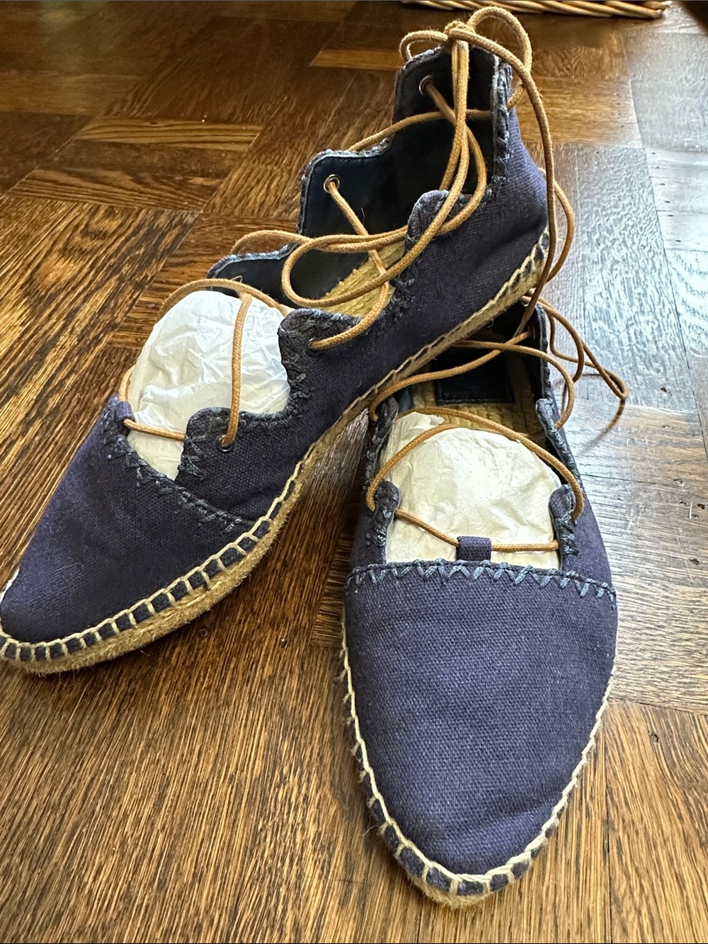 Tory Burch Navy Canvas Lace-Up Espadrille Flats with Tan Laces
